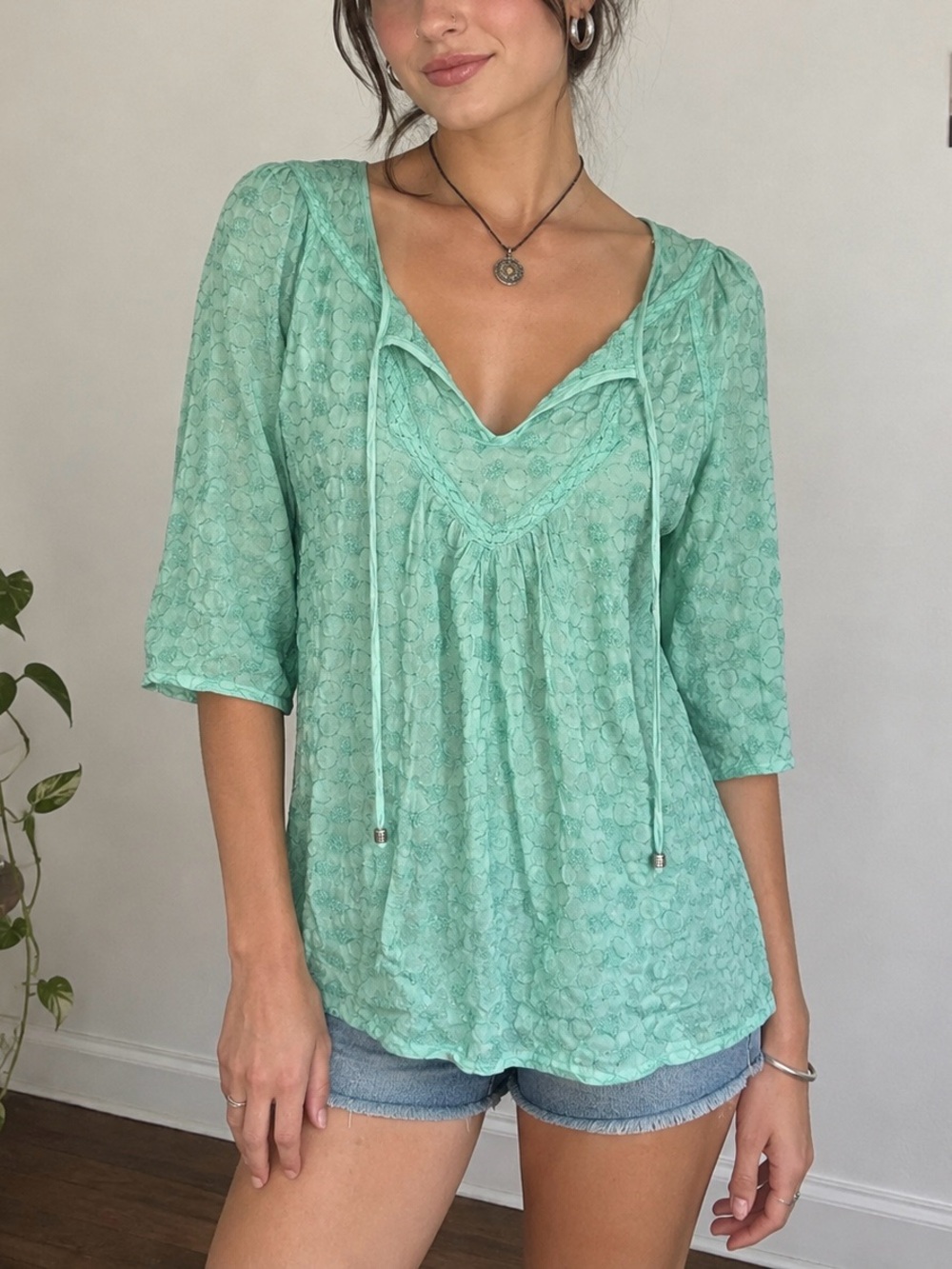 Vintage Y2K Embroidered Teal Mint Aqua V Neck Tie Front Peasant Blouse Boho